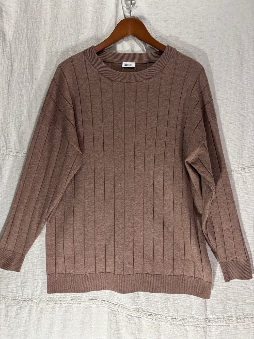 ZYIA Active Wide Rib Knit Crewneck Sweater Taupe Cozy Size Large Loungewear